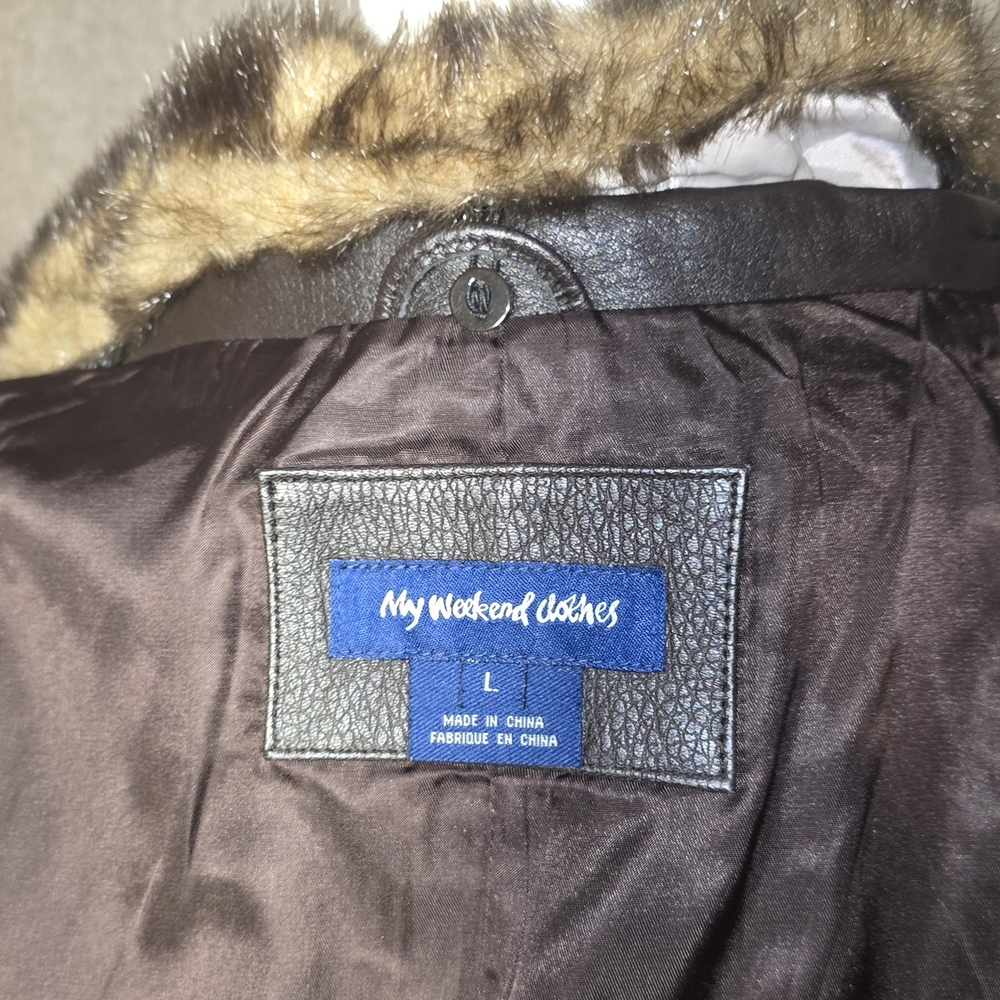 My Weekend Clothes Brown Leather Jacket Removeable Faux Fur Collar Size Large - Picture 10 of 16